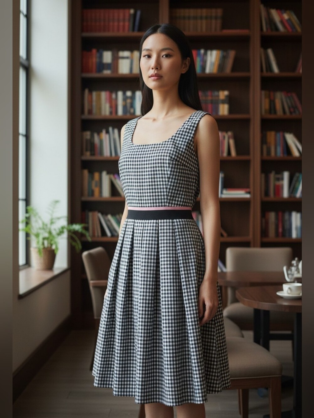 Pinko Black and White Gingham Fit-and-Flare Dress With Pink Ribbon Accent